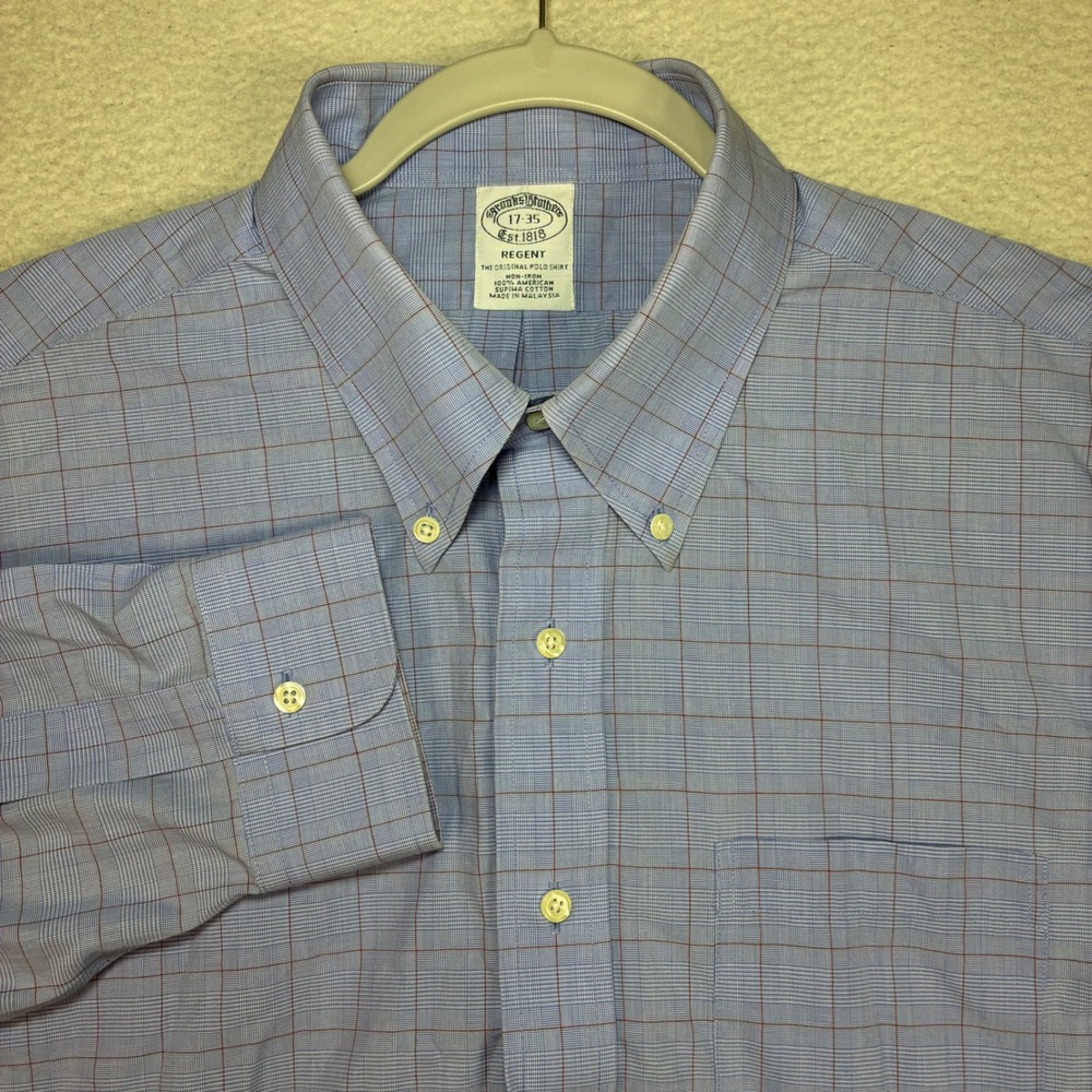 Brooks Brothers Regent Oxford Shirt Men 17x35 Blue Plaid Supima Cotton Business